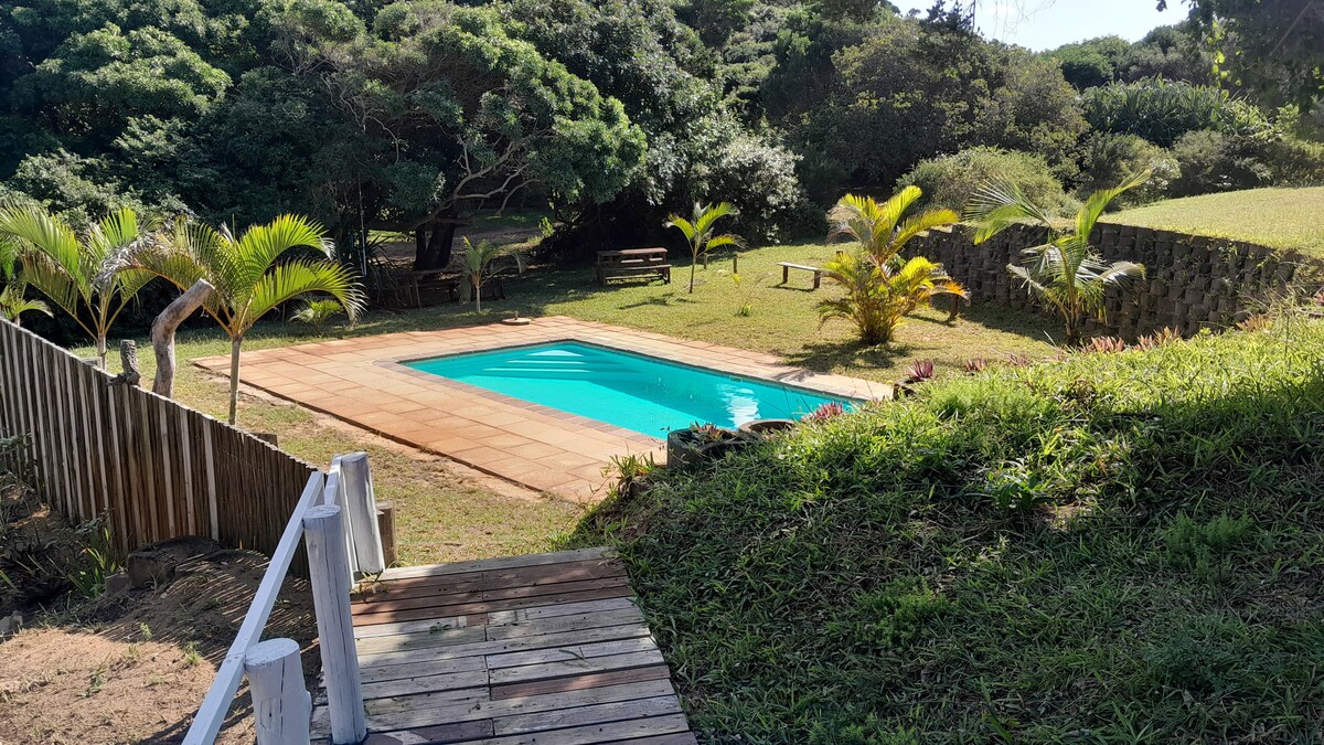 A rectangular pool is set within a grassy area, surrounded by trees and tropical plants. Sun loungers and a wooden bench provide seating options near the pool. The landscape is elevated, creating a natural view of the surrounding vegetation.