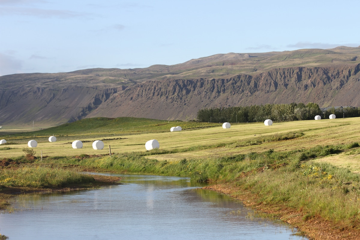 A serene landscape is displayed, featuring a gently flowing stream alongside lush green fields. Bales of hay are arranged across the pasture, complemented by distant rugged hills and natural vegetation under a clear sky.