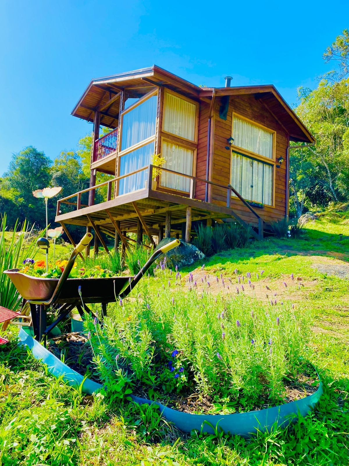A wooden chalet is set on a hillside, characterized by large glass windows that invite natural light. Surrounding greenery includes a decorative wheelbarrow placed in a garden bed filled with purple flowers, contributing to the tranquil outdoor setting.