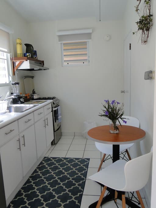 Full Kitchen with stove, small refridge, full sink, coffee maker, toaster, and blender.