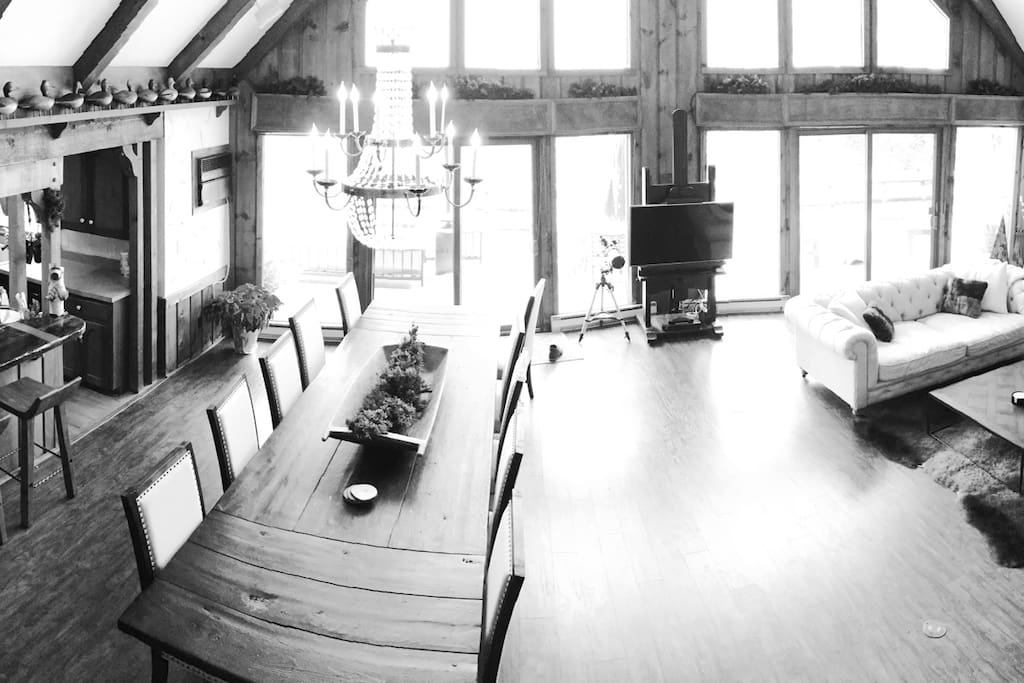 12-Person Reclaimed Wood Dining Table and attached Great Room