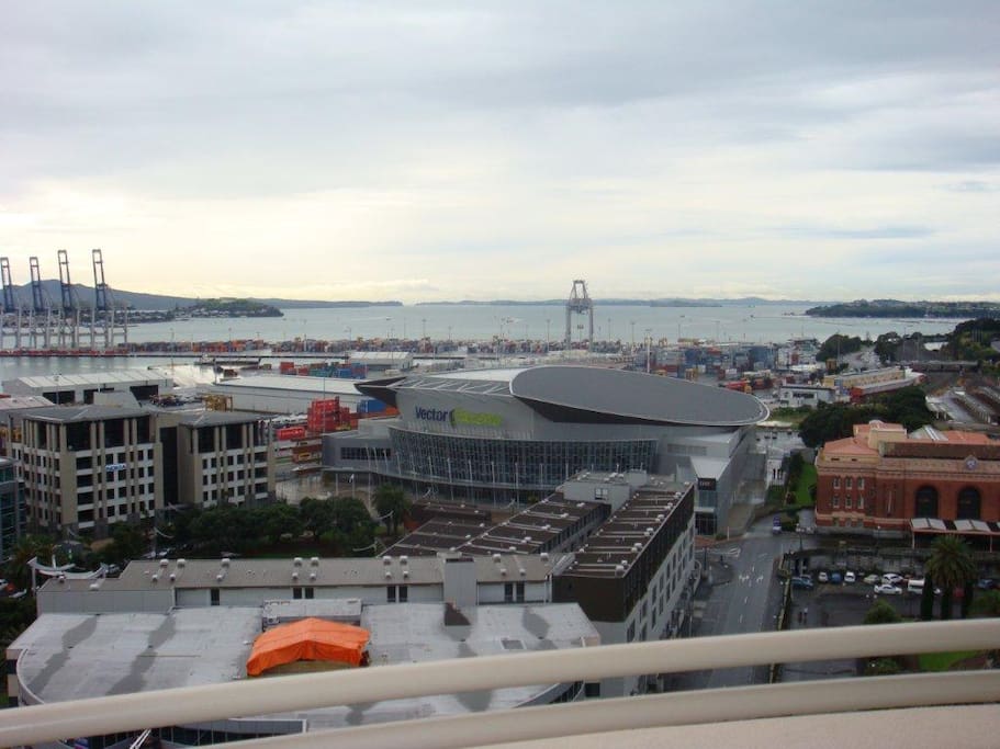View from balcony to Vector Arena and Waitemata Harbour