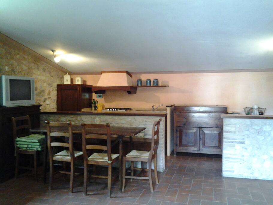 Cucina a vista con frigo alto, forno, lavastoviglie. Well equipped kitchen with dishwasher.