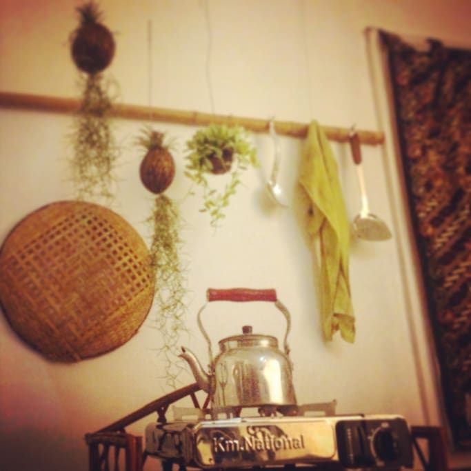 Kitchen Corner, the plants will hang on the veranda when you arrive, you can put them back but please water them from time to time when you are here