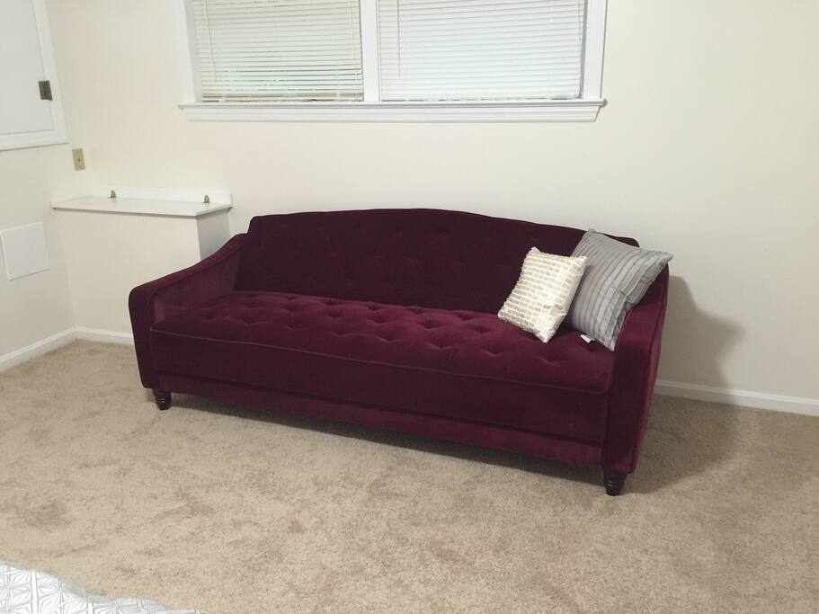 Convertible sofa is great for relaxing or extra guests.