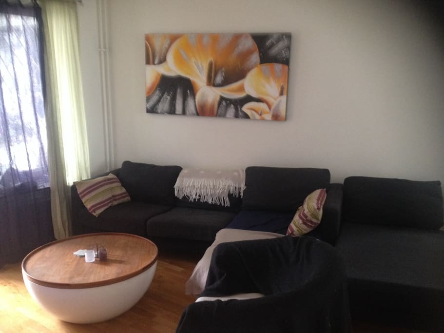 Skön och bekväm stor soffa i tv-delen av rummet.