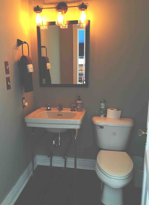 Completely renovated private bathroom with closet, antique sink & beautiful floor tile. 100% LED lighting.