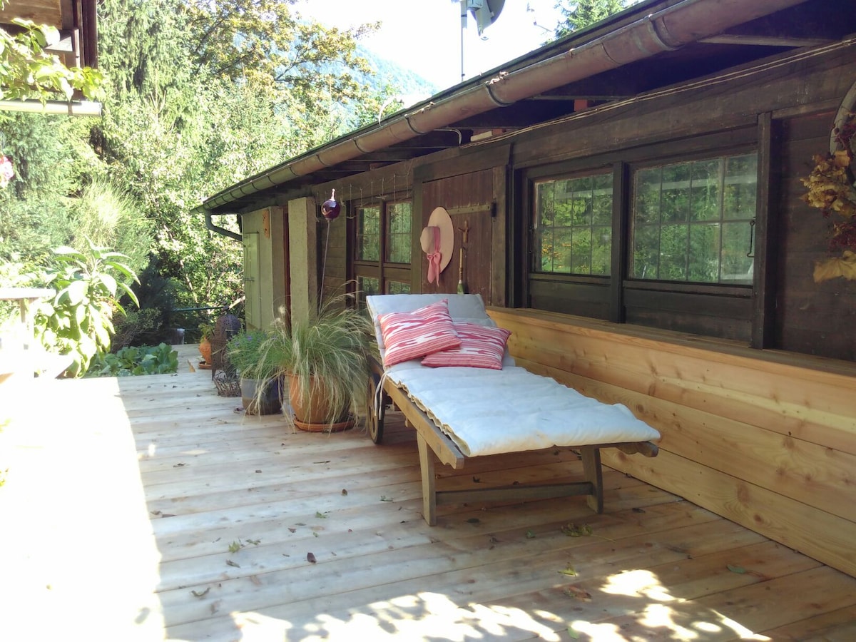 A wooden terrace area is showcased, featuring a comfortable lounge chair with light bedding and decorative pillows. Surrounding greenery enhances the serene setting, while several large windows provide views into the structure. Sunlight filters through the trees, creating a peaceful atmosphere.