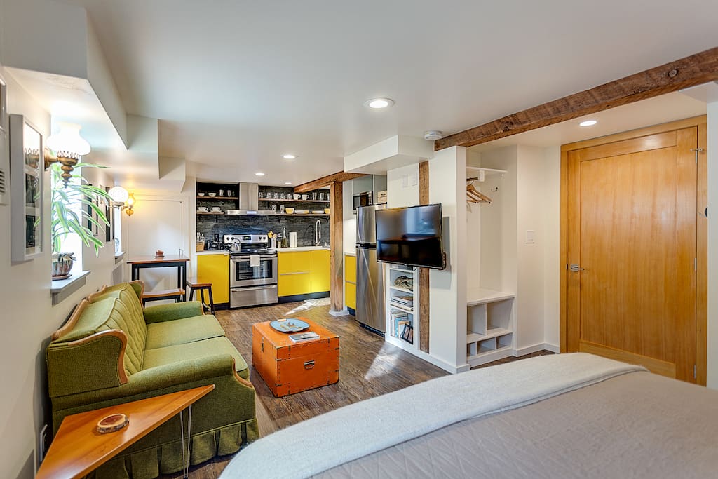 Rustic and modern designs applied to this open, 400 SF floorplan