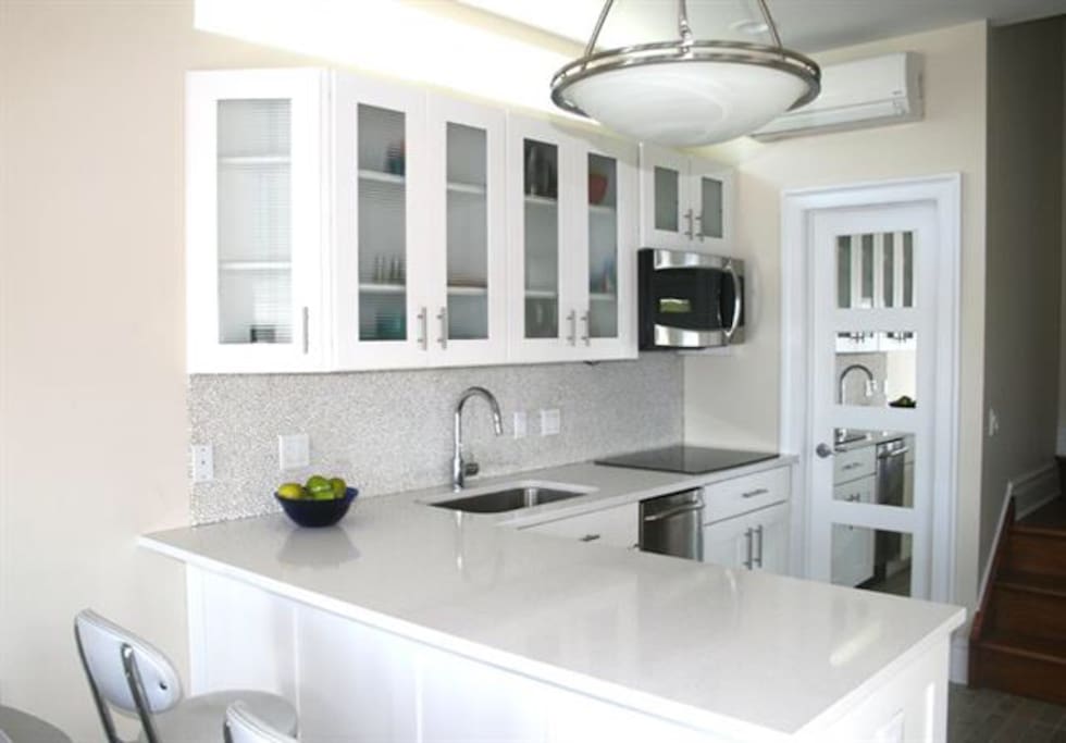 Kitchen with induction cooktop.