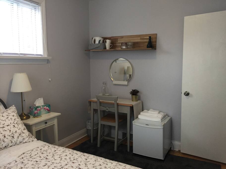 All new desk and fridge for your use. Also complimentary water, tea and coffee for you if you so please.