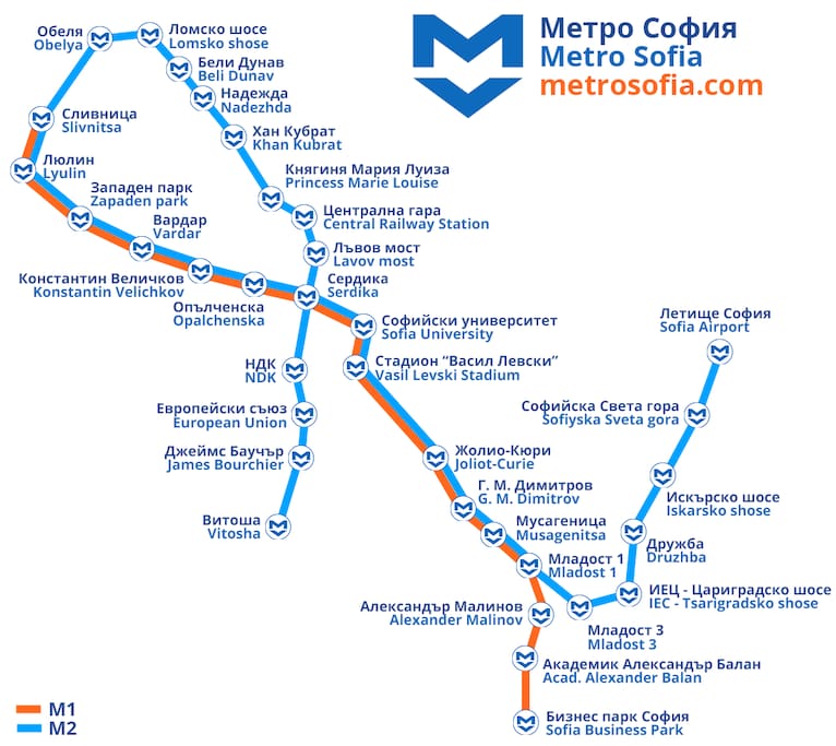 From the airport (Terminal 2) you can take the blue line of the subway. Our stop is Sofia university.