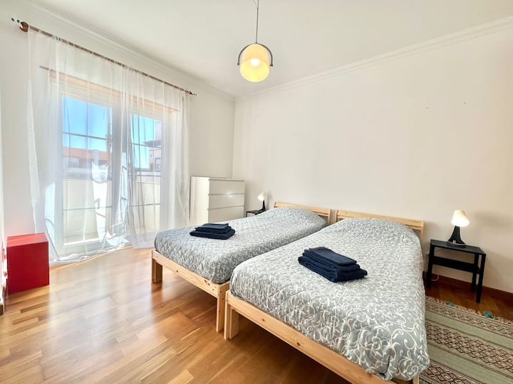 Second bedroom  with two single beds or can be joined  to make a bigger one.