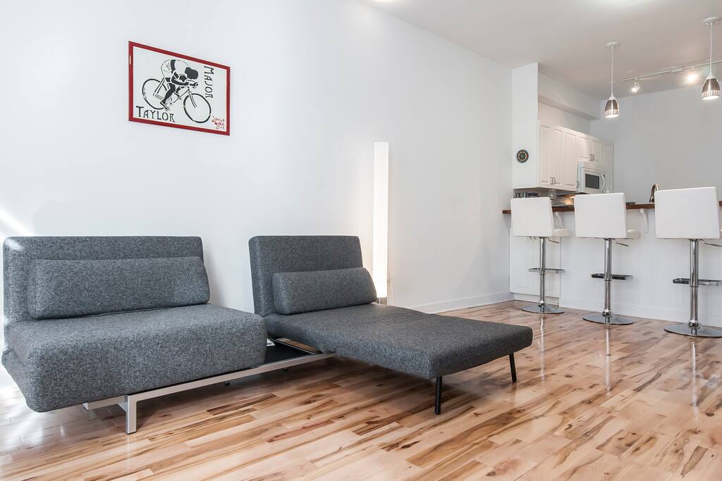 Sofa converts into lounge chair.