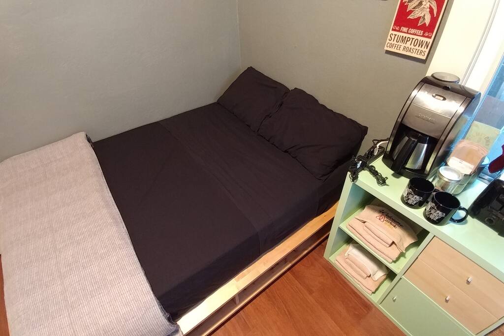 Comfortable full-sized bed with clean sheets and memory foam topper. Additional blankets available for cold nights, energy-efficient windows open wide for hot nights.