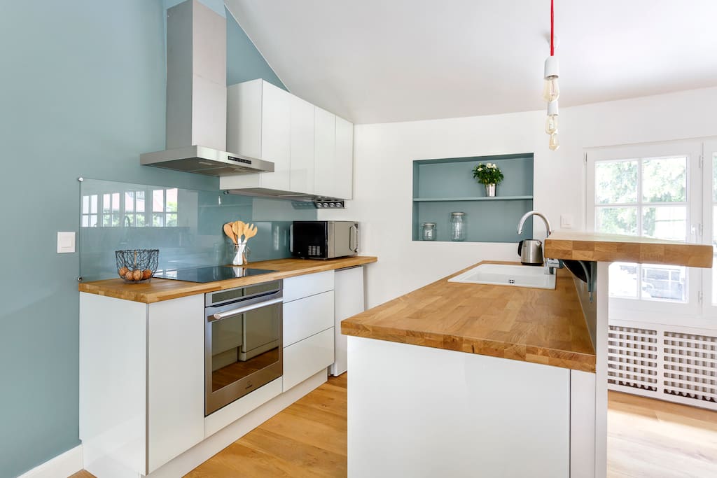 Modern kitchen with induction stove and oven