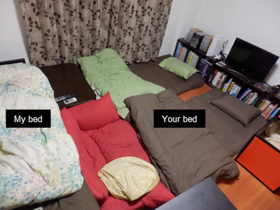 You can sleep on the futon (right side) .