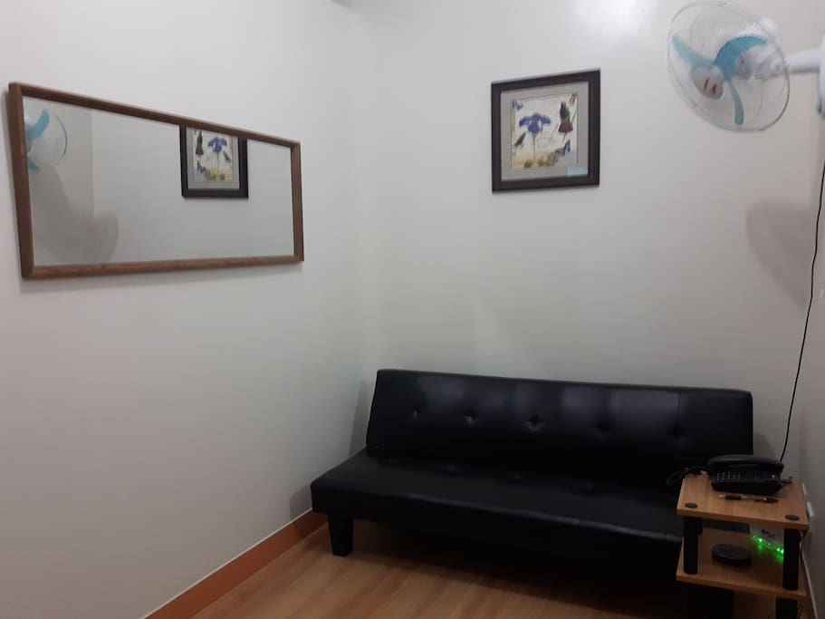 leather sofa bed, landline phone and unlimited fast Wi-Fi