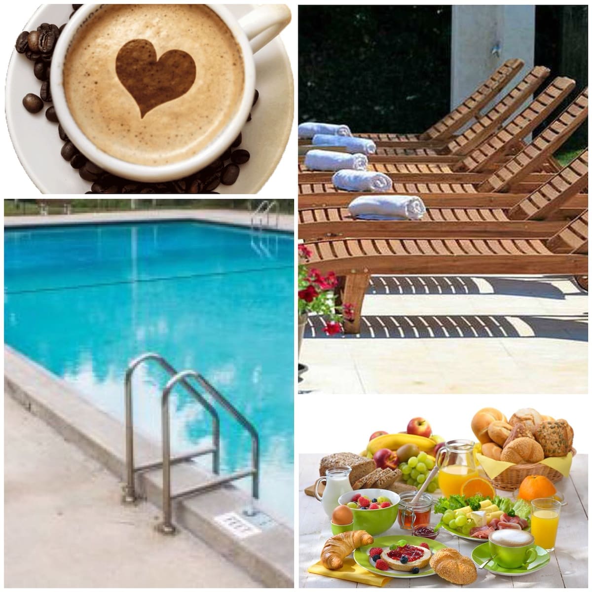 A steaming cup of coffee is set against a backdrop of roasted coffee beans, featuring a heart design in the foam. The pool area is visible with lounge chairs neatly arranged, complemented by towels. A breakfast spread is presented, showcasing a variety of fruits, pastries, and beverages.