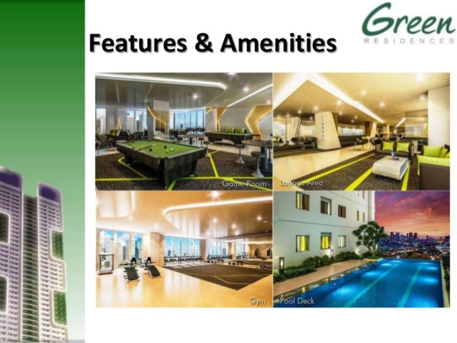 Pool, gaming area, study area, and gym