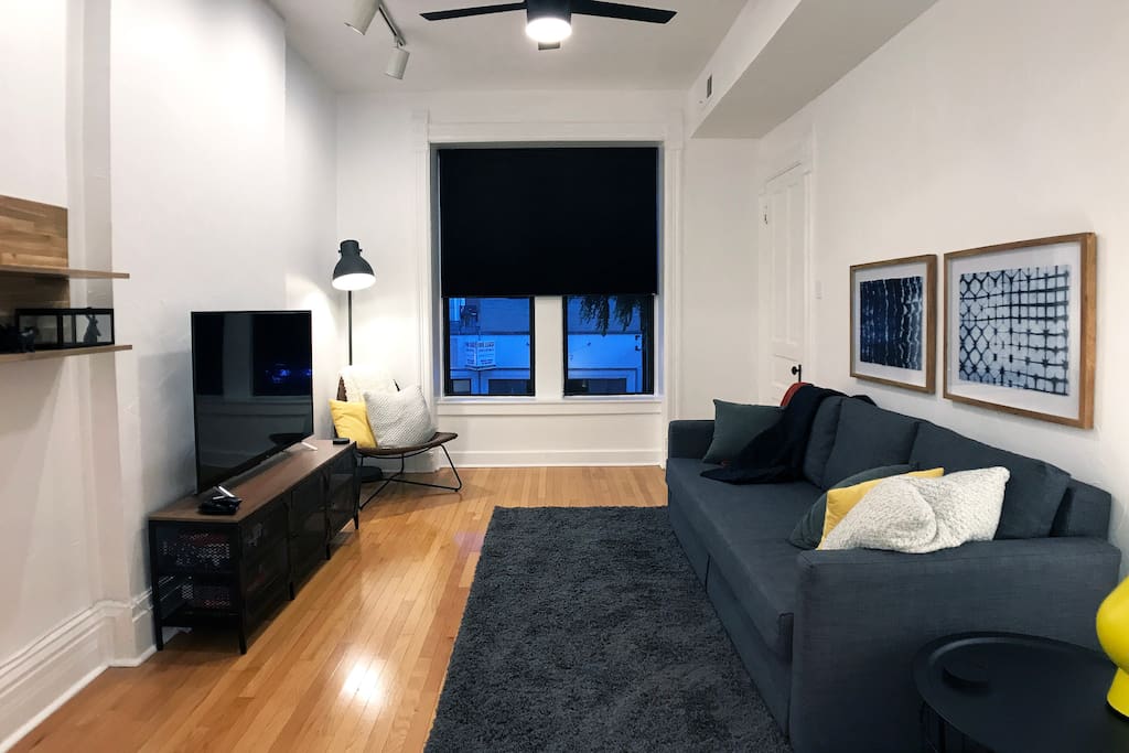Large living room has room for everyone, and the couch folds out to a queen bed for additional guests!