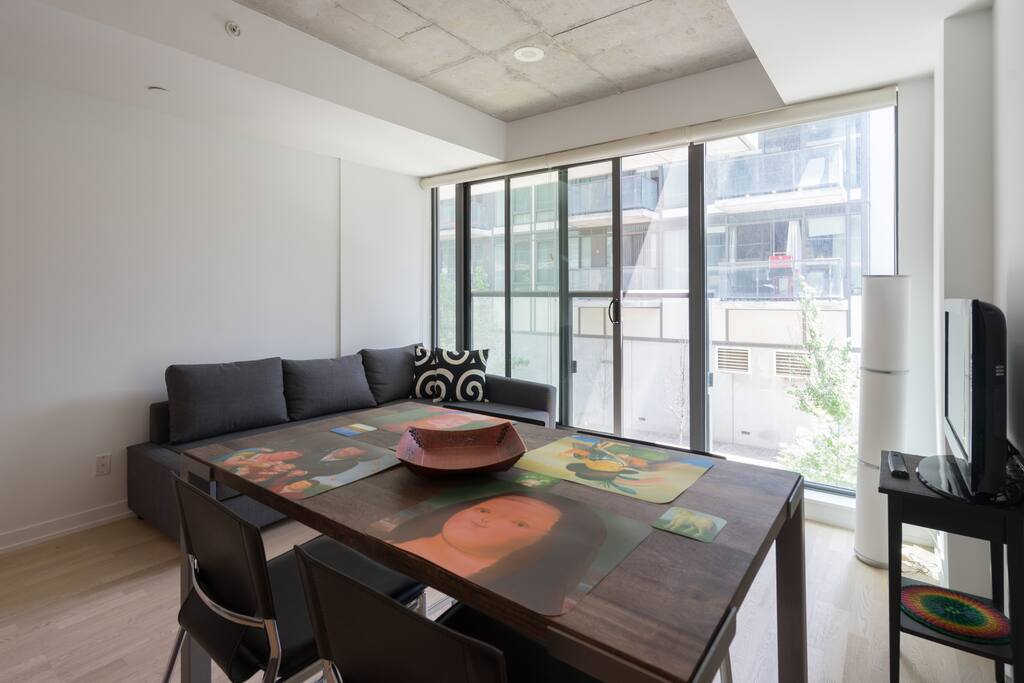 The dining table is great for dining, chatting, or working