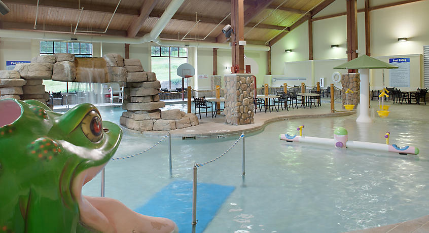 An indoor water area features a rock waterfall cascading into a shallow pool. A large frog sculpture adds playful charm, while seating is arranged around the water's edge. Poolside activities include a water play structure and floating play equipment, all under a wood-paneled ceiling.