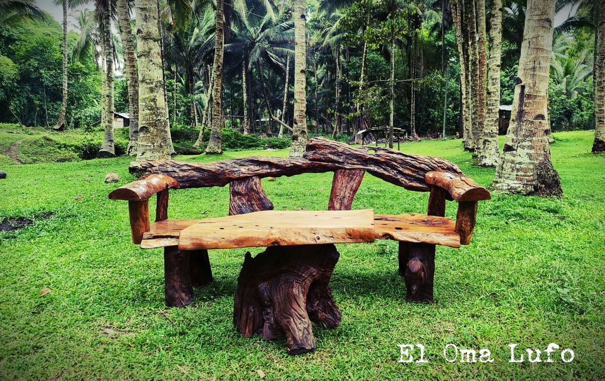 A handcrafted wooden bench sits in a lush green area, surrounded by tall palm trees. The bench features a natural shape with a rustic design, offering seating for several people. The grassy ground provides a serene setting, enhanced by the tropical foliage.