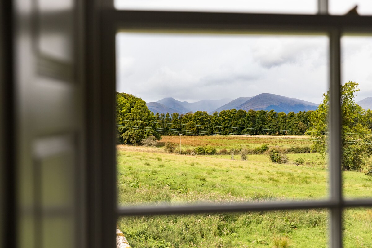 A scenic view is framed by a window, showcasing rolling green fields and a line of trees. In the distance, mountains rise under a cloudy sky, creating a tranquil natural backdrop.