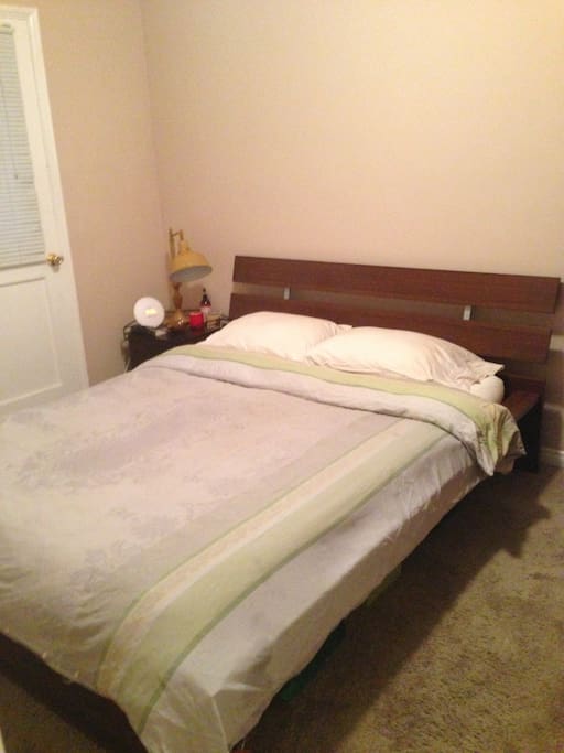 Bedroom, queen bed, ceiling fan