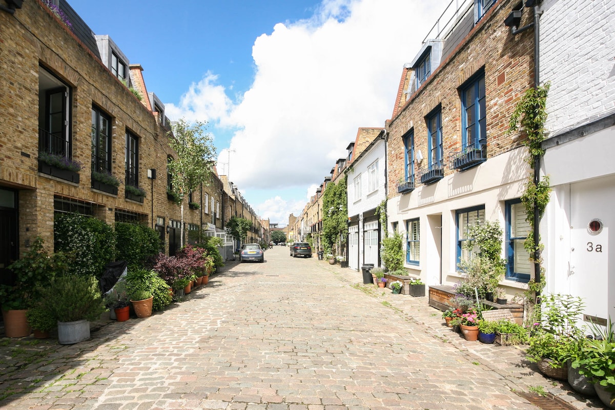 A quiet mews street is lined with charming buildings featuring a mix of brick and white façades. Lush greenery and colorful potted plants enhance the welcoming atmosphere. A clear blue sky with scattered clouds complements the scene, while cobblestone stretches down the center of the street.