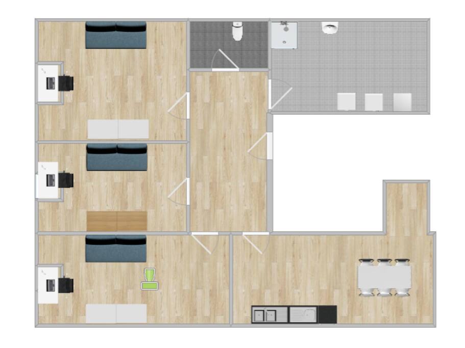 Die Wohnung hat drei Zimmer, eine Küche, ein WC, ein Bad und einen Notschlafplatz