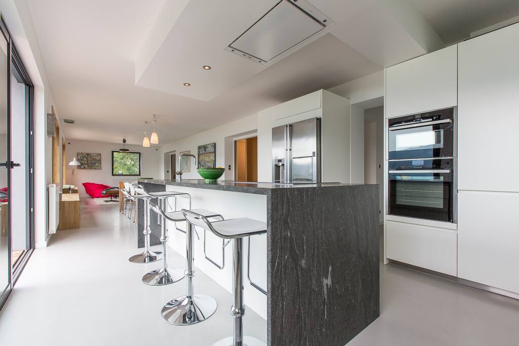 Kitchen/dining/ living area with terrace overlooking the lake