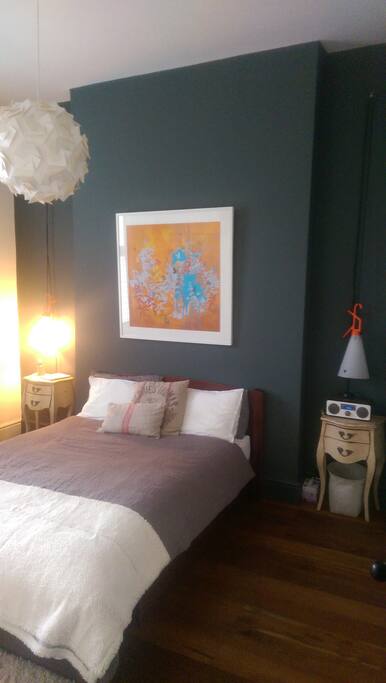 New very comfortable mattress. Cupboard and drawer space. View of garden.