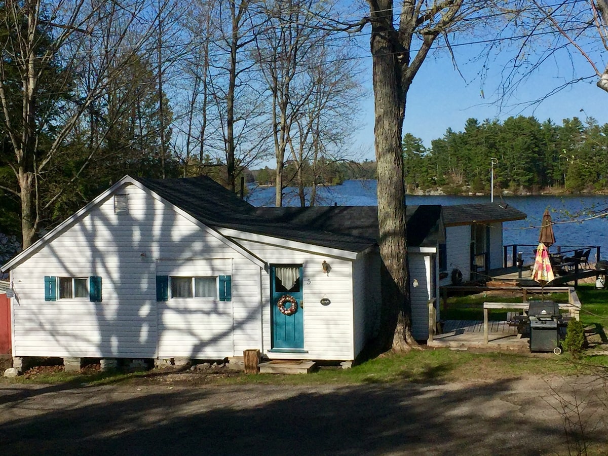 A white cabin is shown beside the lake, featuring blue shutters and a welcoming front door. The surrounding area is filled with greenery, and an outdoor deck is visible in the background. Sunlight casts shadows from the trees onto the ground.