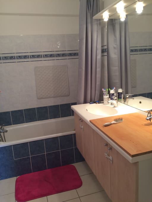 Salle de bain Avec baignoire et vasque. Tres grand miroir, deuxième casque condamné pour faire la table à langer bébé
