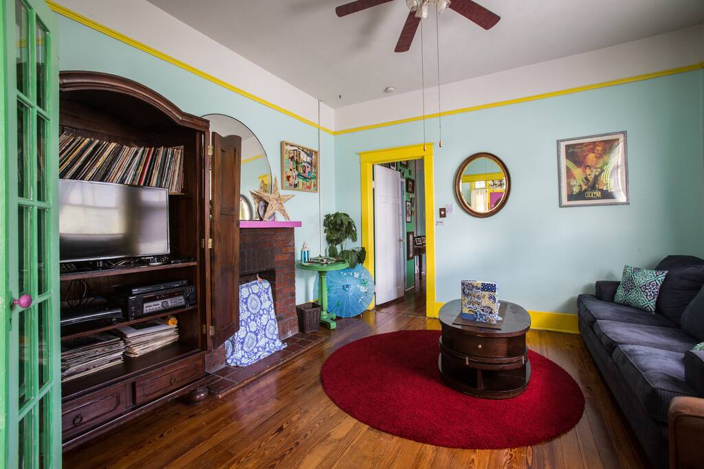 This is the TV room with Amazon TV, a rocking record collection and stereo system.