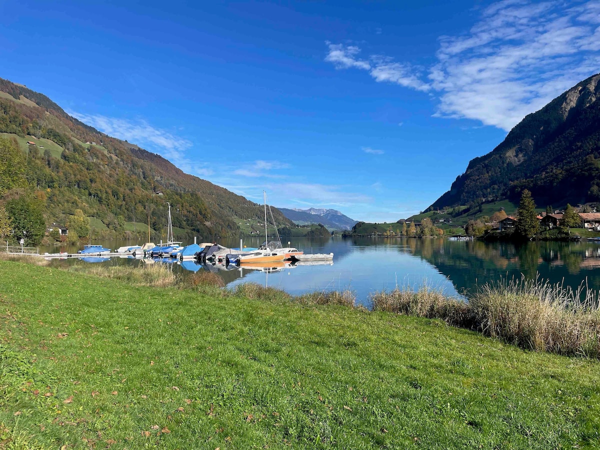 A serene view of the Lungern lake is presented, featuring calm waters reflecting the surrounding mountains and foliage. Several boats are moored along the shoreline, with green grass framing the scene. The sky above is clear, adding to the tranquil atmosphere.