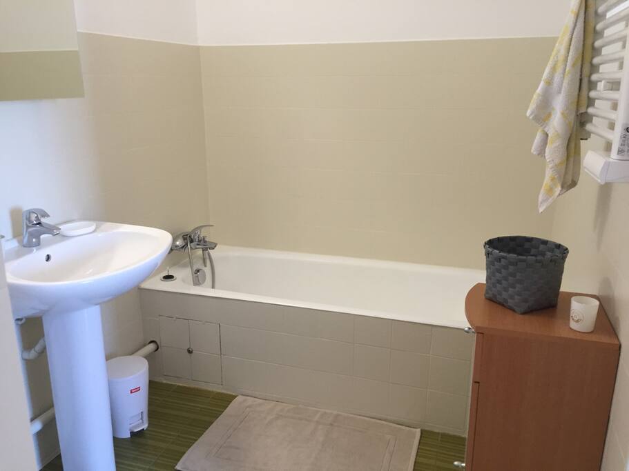 Salle de bain avec lave linge.