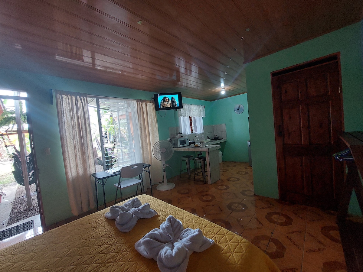 A well-lit interior features light green walls and a spacious bed dressed in yellow bedding. A television is mounted on the wall, with a view of a small kitchenette and a dining area visible through the large window, providing access to outside.