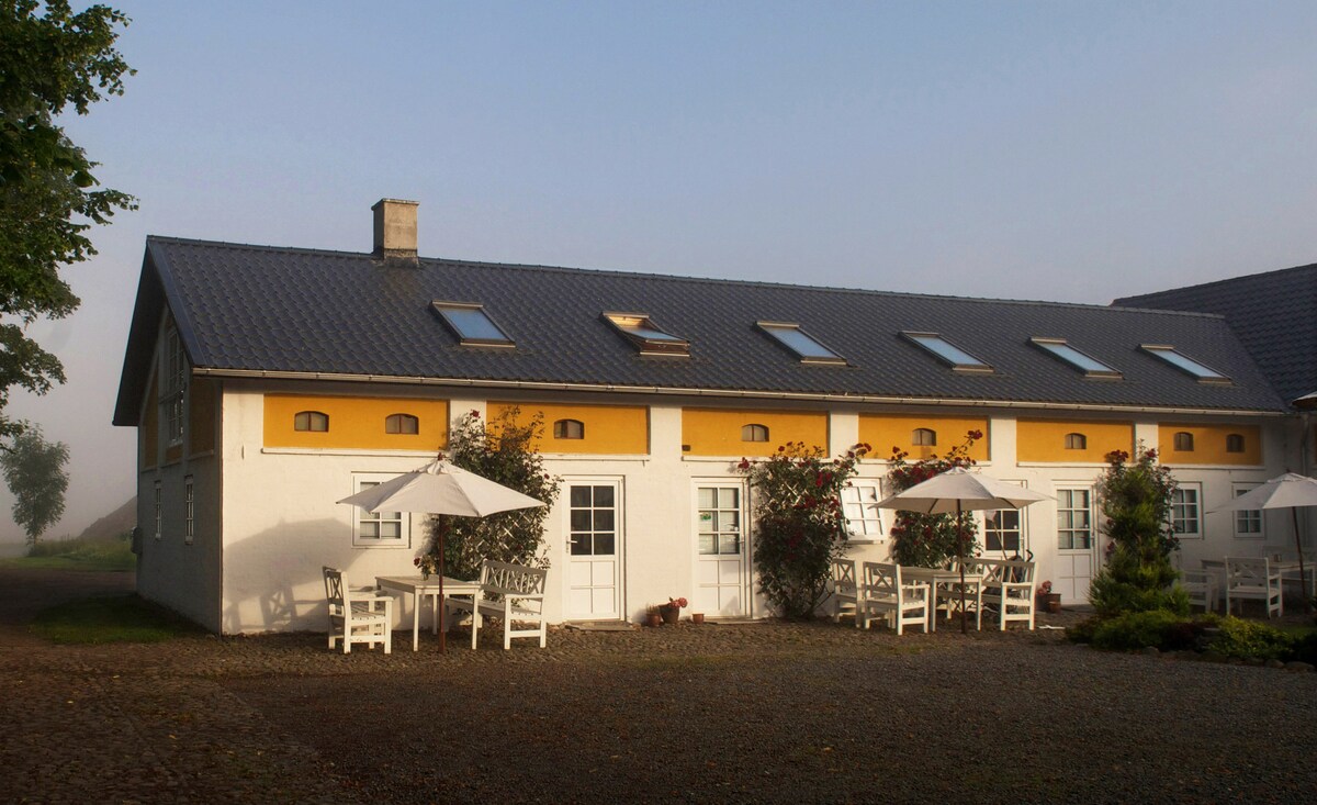 A charming building features a white exterior with yellow accents and a sloped roof. Several skylights illuminate the upper level. Outdoor seating areas with white umbrellas and wooden furniture are positioned in front, surrounded by lush greenery.