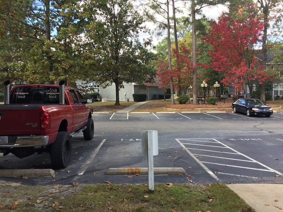Parking is where the red truck is. Grills, picnic tables, and Clubhouse is right across the street.