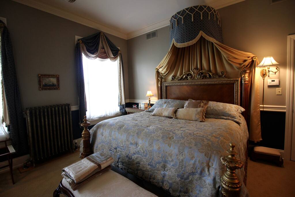 The Napoleon Room is one of six rooms at the Inn. Visit our website to view more rooms and rates.
The Napoleon Room
Napoleon's taste for elegance and exquisite appointments fit for someone of his stature, would be very well satisfied here. Brides to be love this room with plenty of space for her attendants to help her get ready and a very large mirror to look over every detail.
Max capacity 2 people.