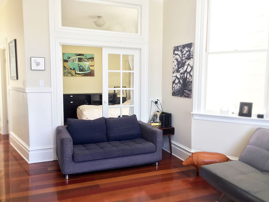 Living room with door open