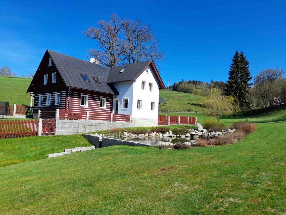 A modern two-story house, featuring contrasting white and brown wooden accents. It is set on a spacious grassy area, complemented by a small pond with landscape stones, surrounded by lush greenery and trees under a clear blue sky.