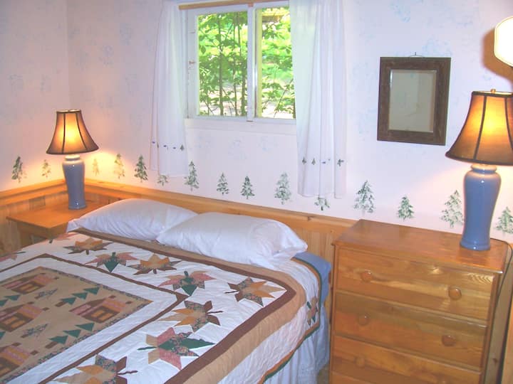 غرفة نوم ثانية بسرير ملكي وخزانة ملابس.  