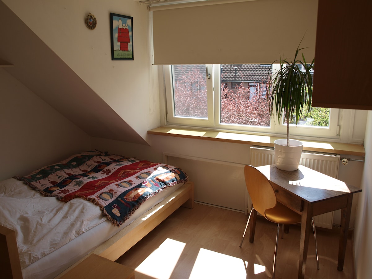 A bright room features a spacious bed with a patterned quilt, positioned against an angled wall. A small wooden table and chair are arranged nearby. Natural light enters through a large window, framed by a simple blind, highlighting a view of greenery outside.