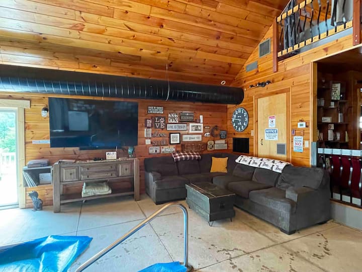 75 inch HD TV. Swivels in every directions towards the pool, soft and straight ahead.  