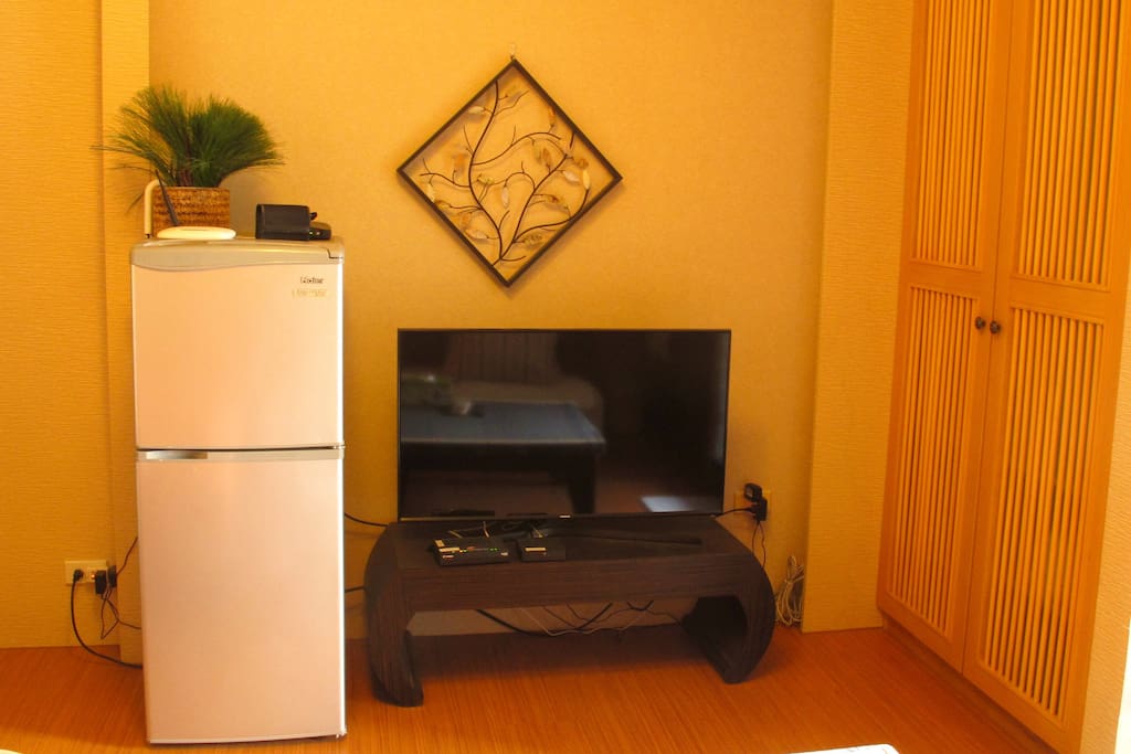 Cable TV & fridge.