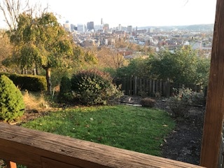 A serene view of Cincinnati's skyline is captured from the backyard. Lush greenery and shrubs surround the space, with a wooden railing visible in the foreground. A gentle slope leads down to the vibrant city landscape, bathed in warm light.